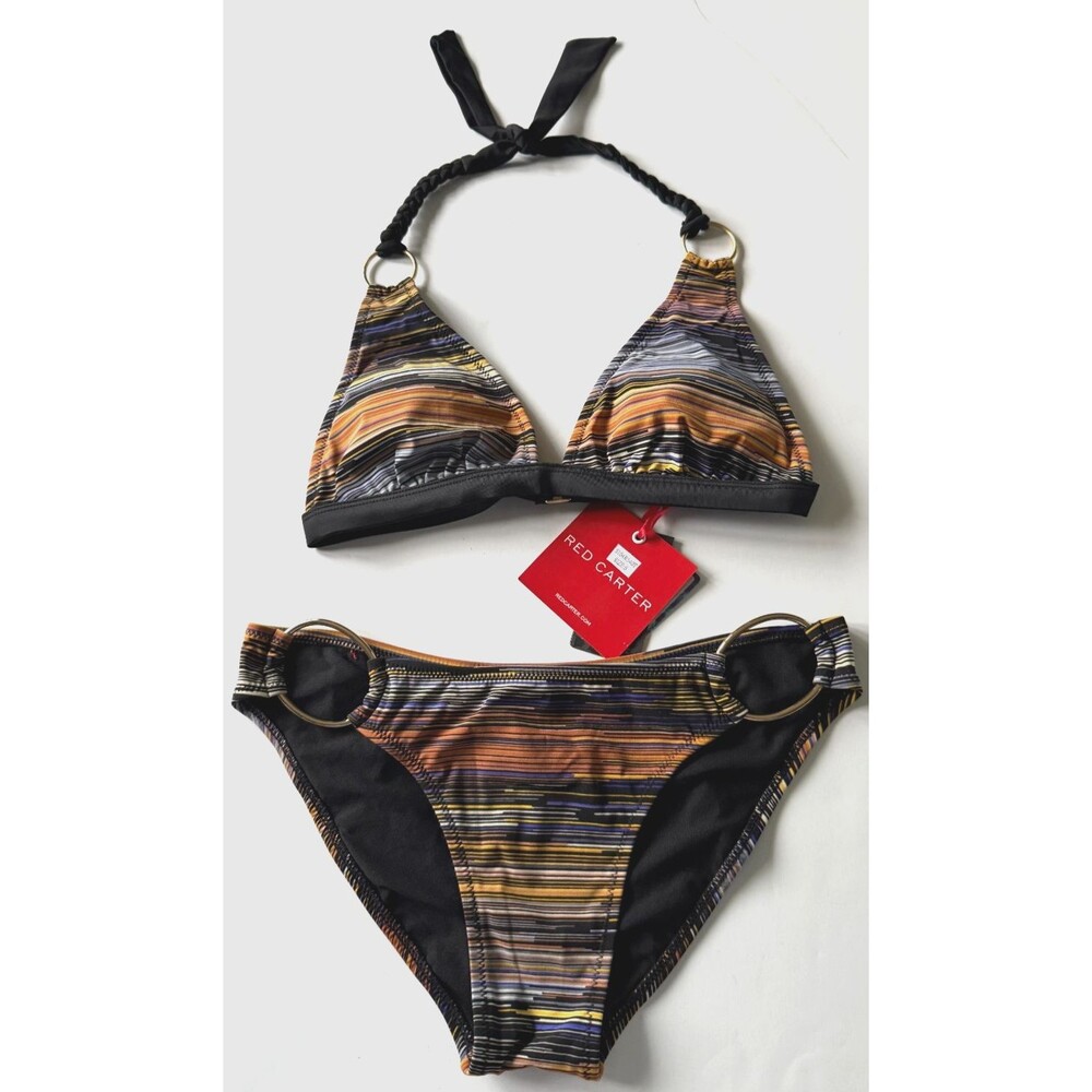Red Carter Black Stripe Bikini Swimsuit Size Small O-Ring Braided Neck Strap New